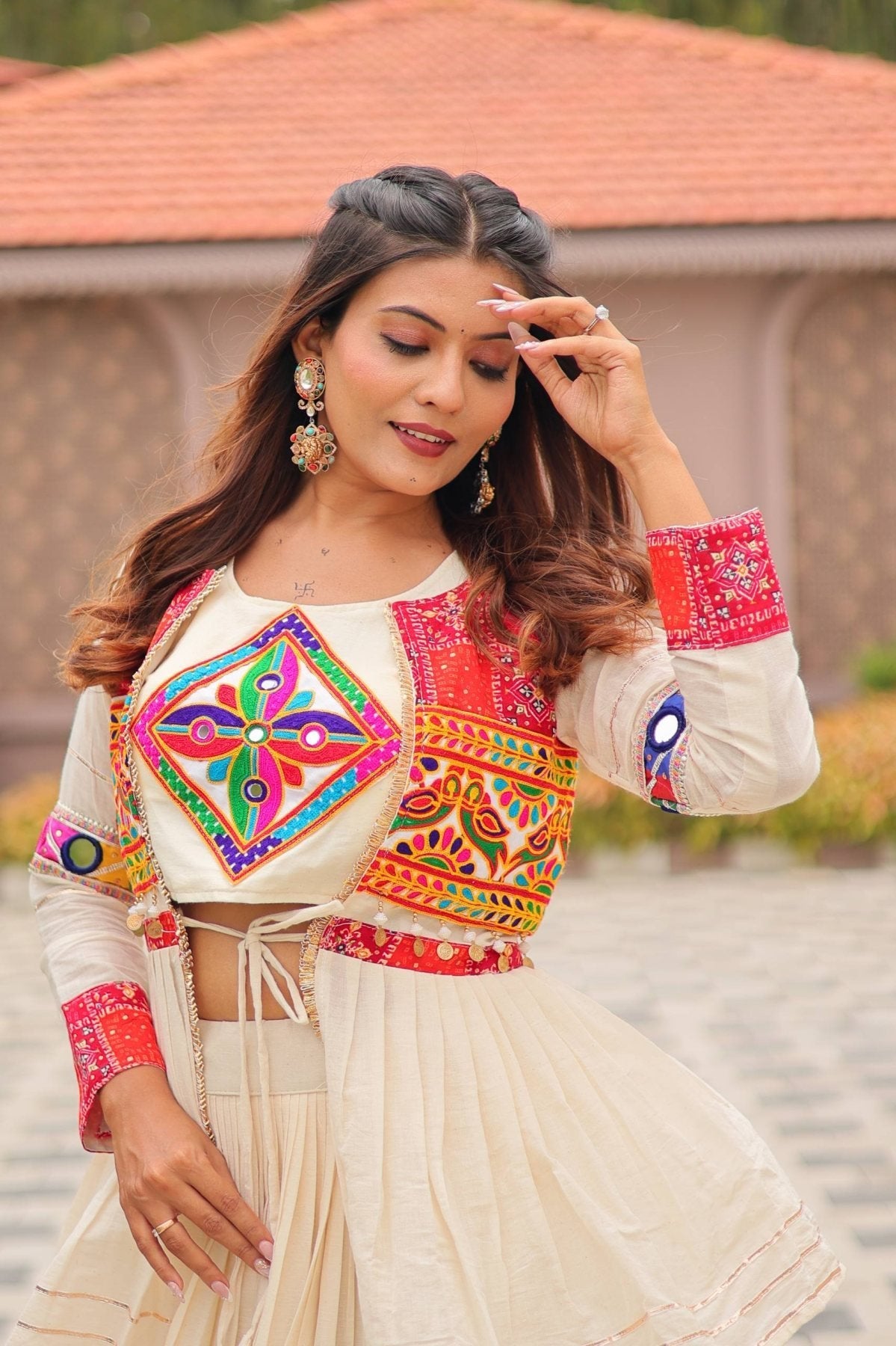 GarbaGlow Cotton Lehenga with Flare and Gamthi Work for Navratri Nights