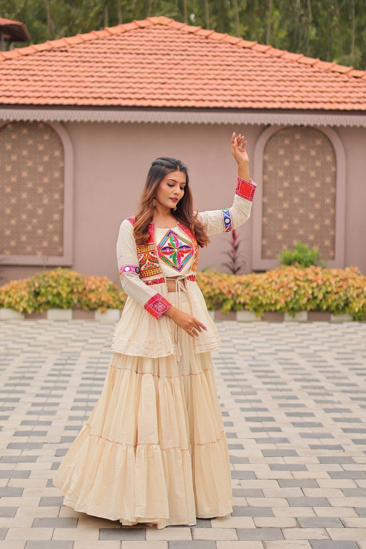 GarbaGlow Cotton Lehenga with Flare and Gamthi Work for Navratri Nights
