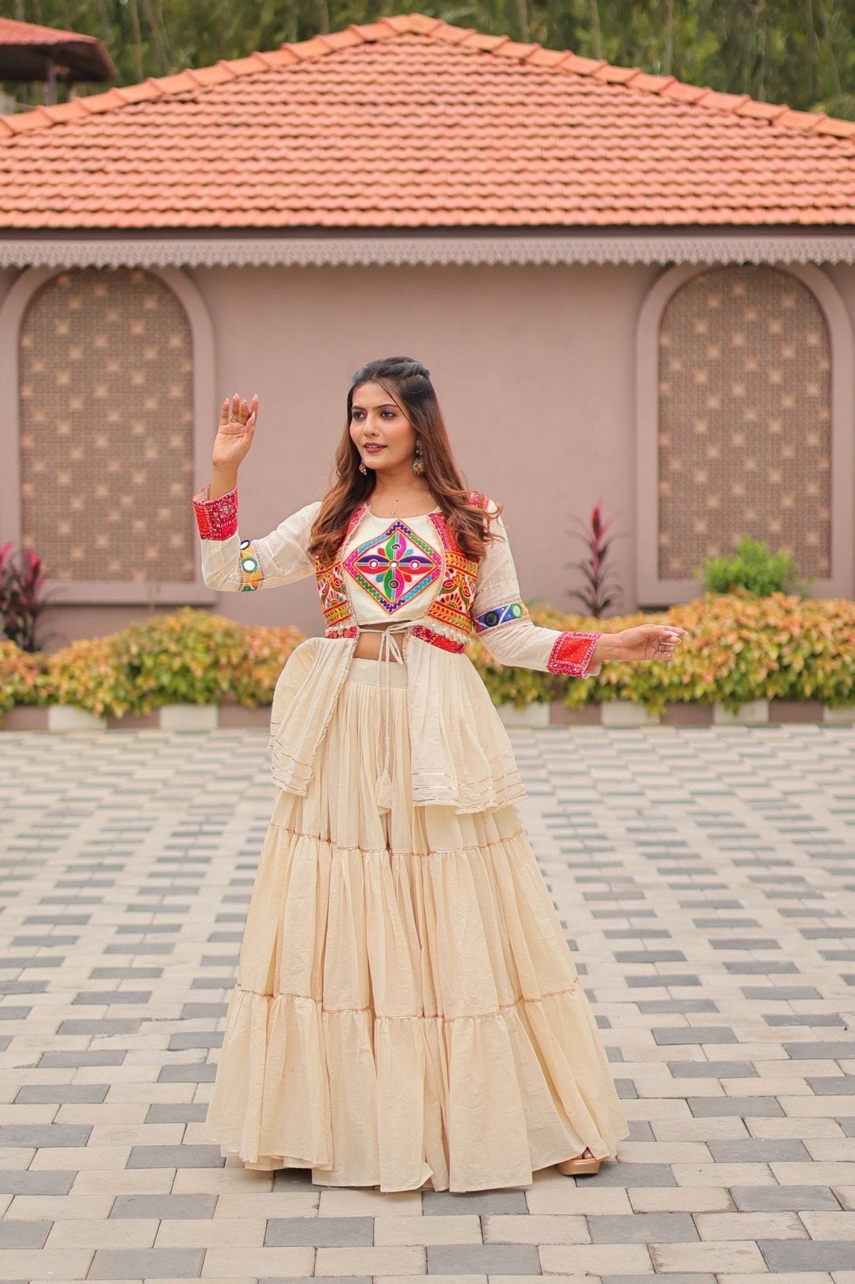 GarbaGlow Cotton Lehenga with Flare and Gamthi Work for Navratri Nights
