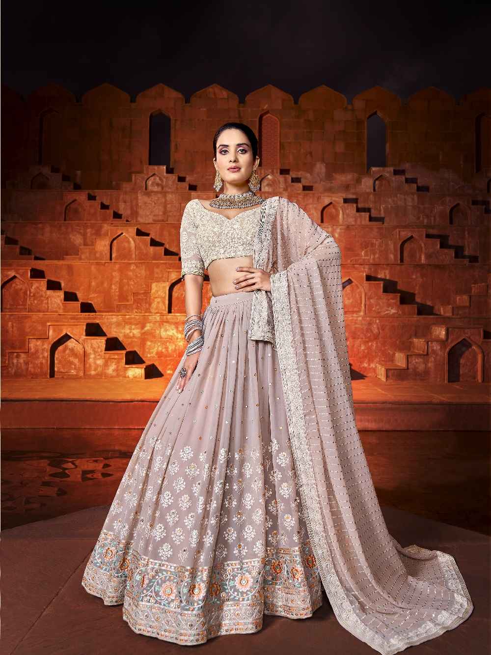 Peach Color Sequins With Embroidery Work Rajwadi Sana Silk Lehenga Choli