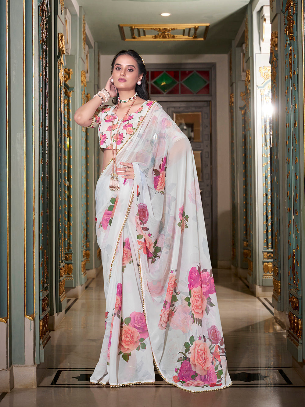 White georgette saree with printed design pearl lace border