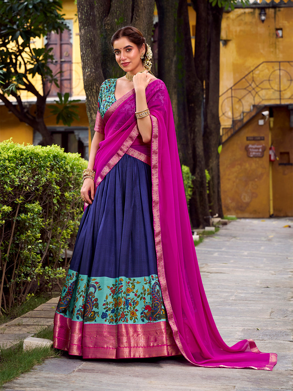 Navy blue astha silk printed zari weaving lehenga choli with georgette dupatta