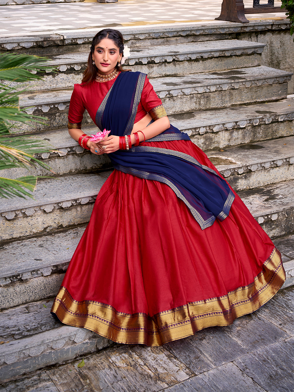 Red color zari weaving work poly cotton lehenga choli