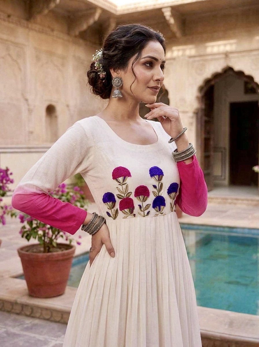 Georgette Gown with Woolen Thread Work