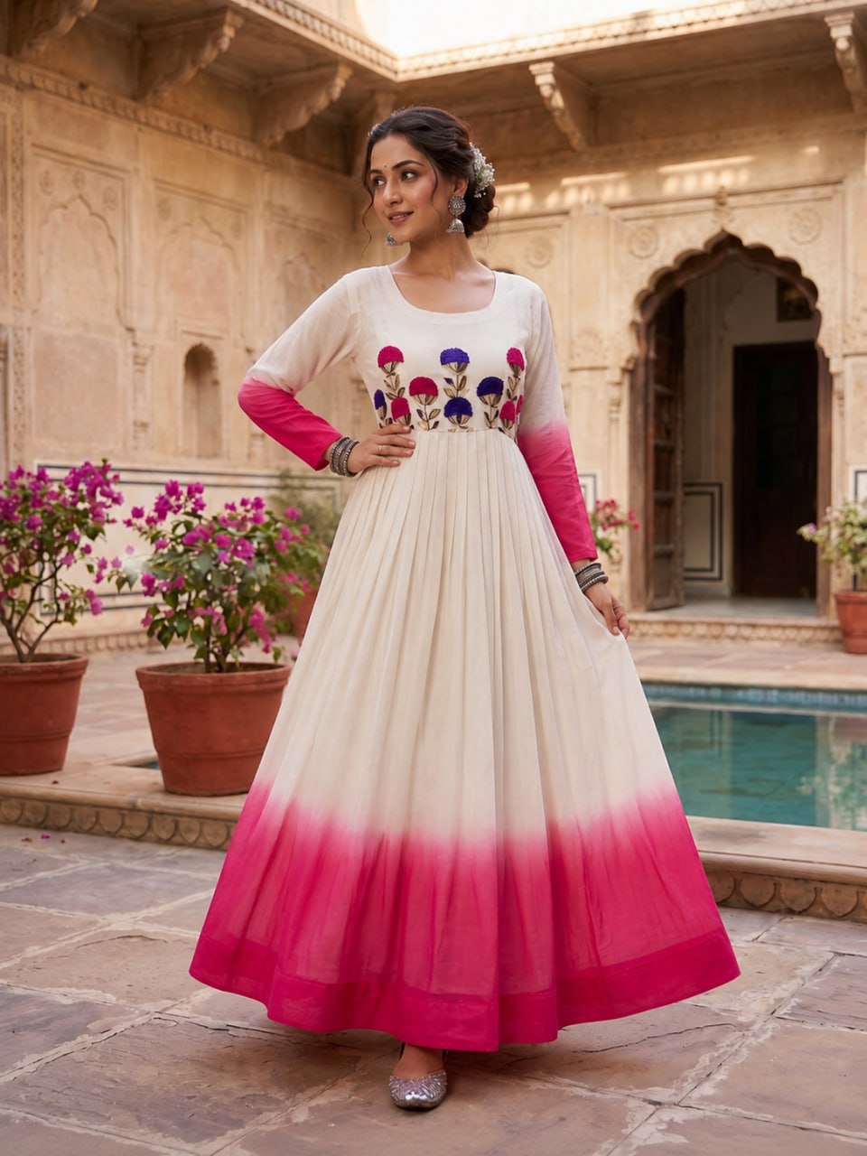 Georgette Gown with Woolen Thread Work