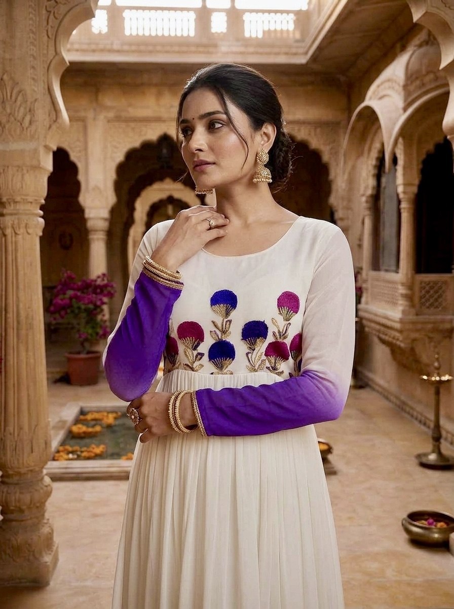 Georgette Gown with Woolen Thread Work