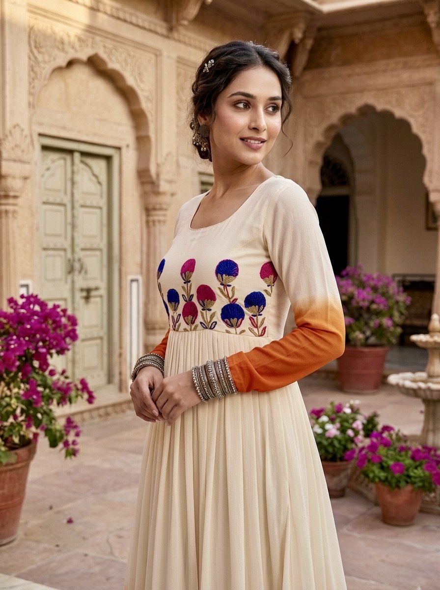 Georgette Gown with Woolen Thread Work