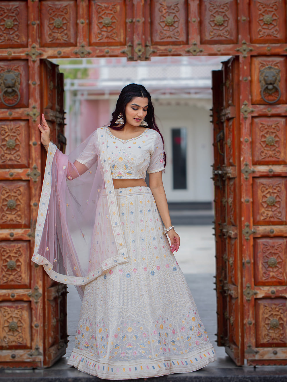 White Color  Lucknowi Work Georgette Chaniya Choli