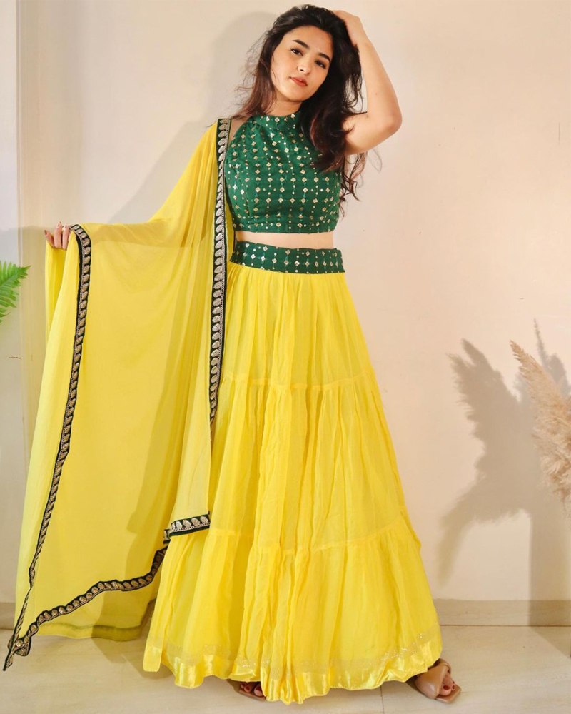 Georgette Yellow & Green Lehenga Set with Embroidered Dupatta