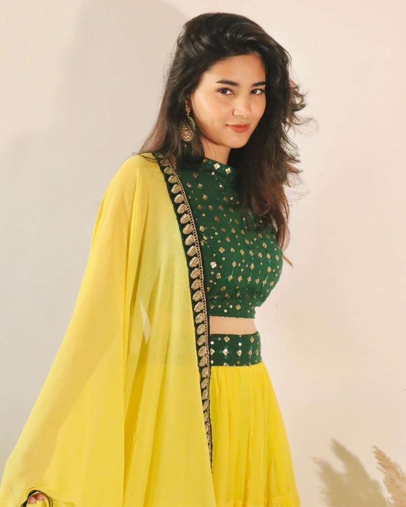 Georgette Yellow & Green Lehenga Set with Embroidered Dupatta