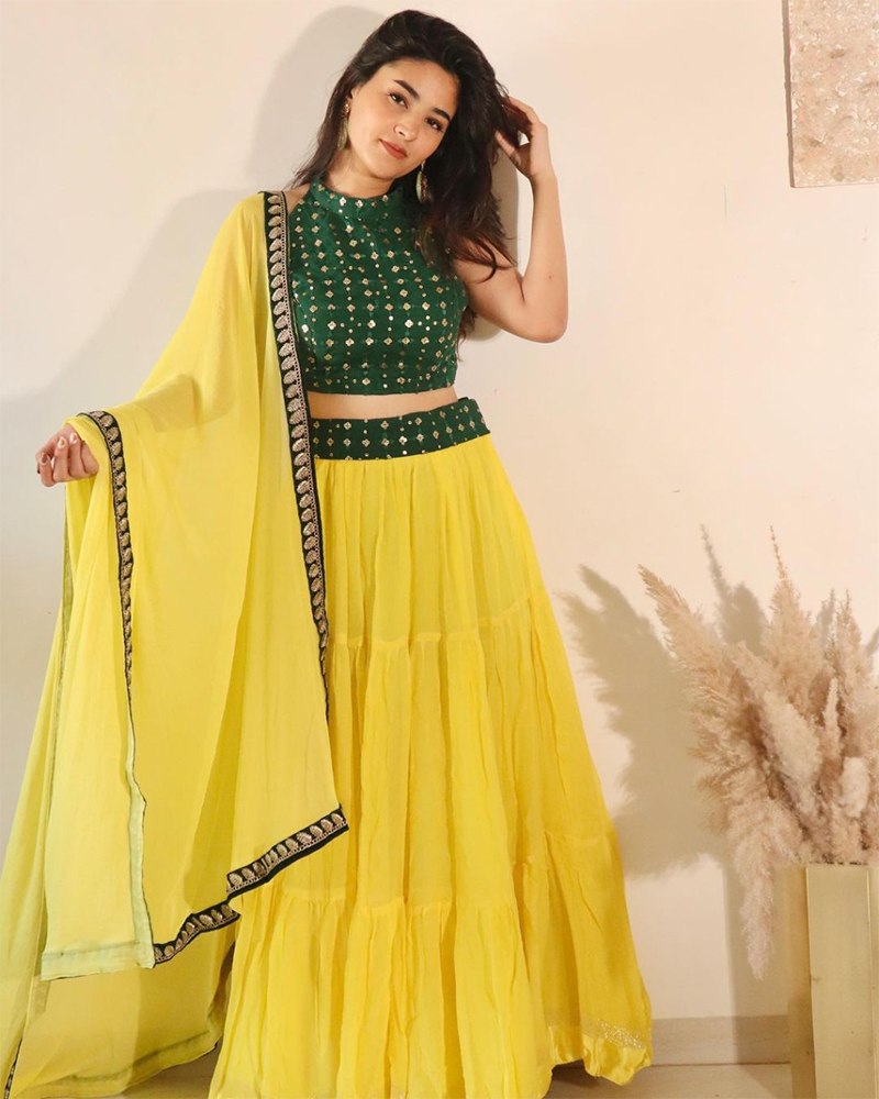 Georgette Yellow & Green Lehenga Set with Embroidered Dupatta