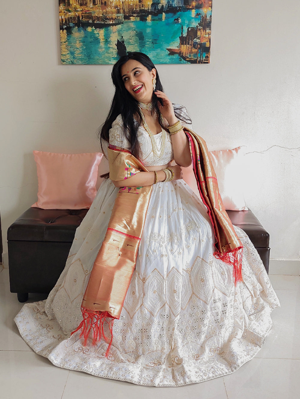 White Color Lucknowi Sequins & Paper Mirror Work Georgette Lehenga Choli Sets