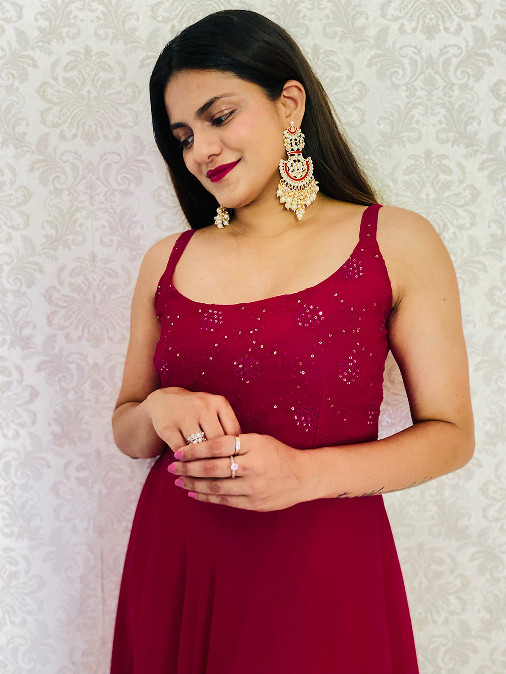 Rani Pink Color Sequins And Thread Embroidery Work Georgette Gown