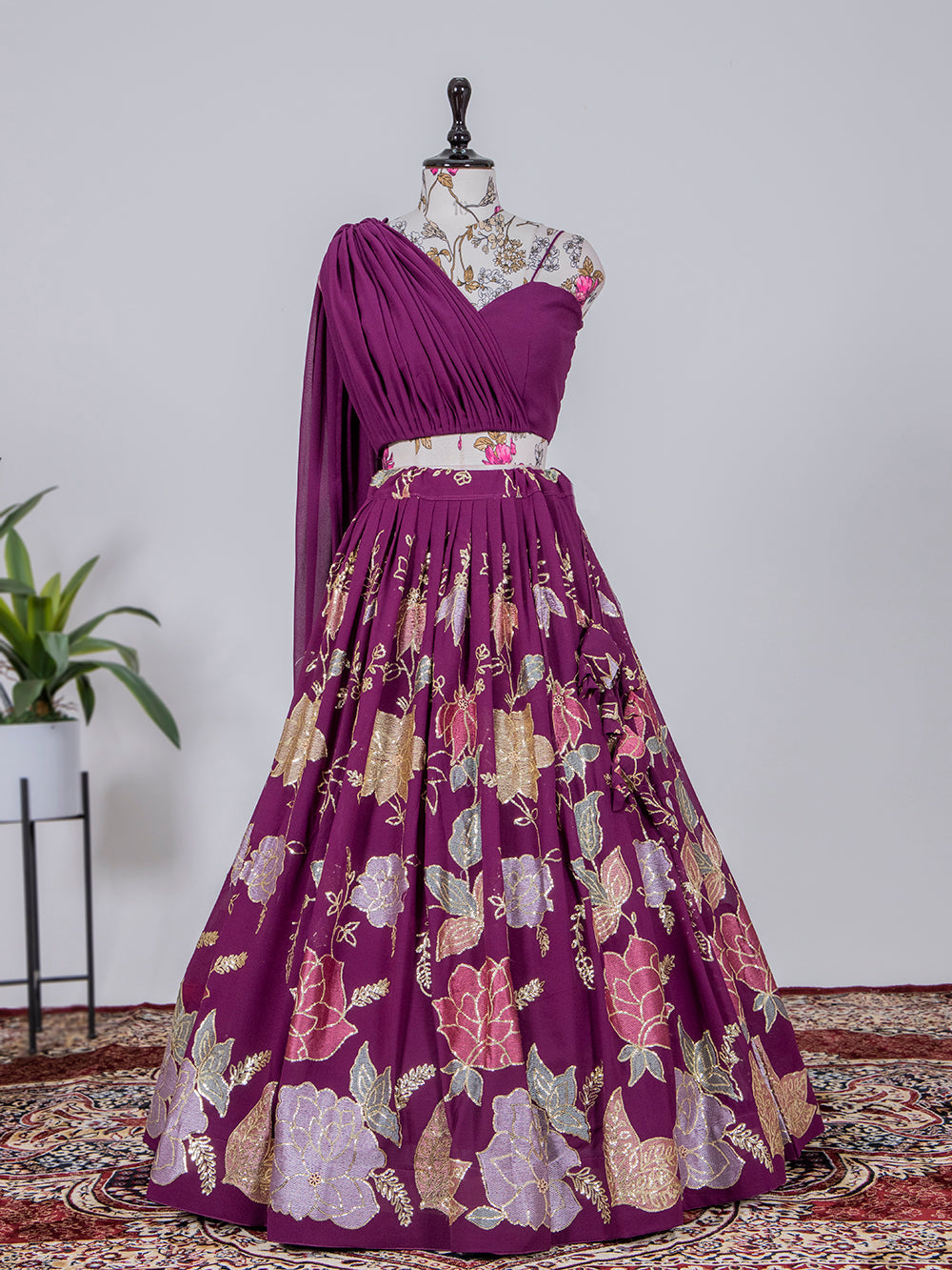 Wine Color Thread And Sequins Embroidery Work georgette Lehenga Choli