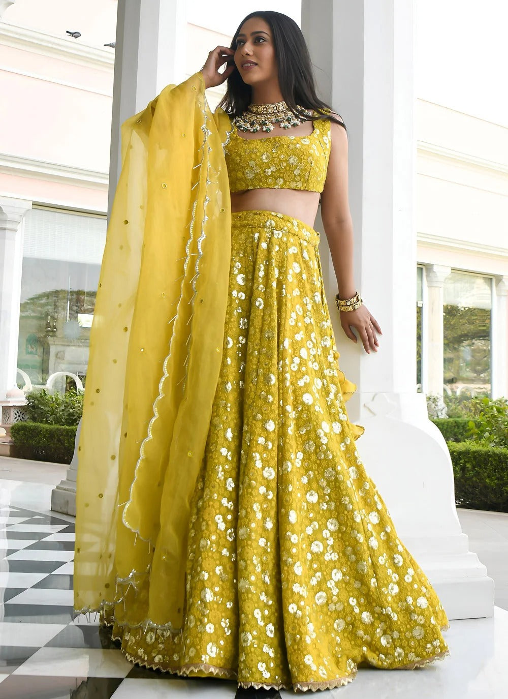 Olive yellow mehndi lehenga in georgette with sequins embroidery