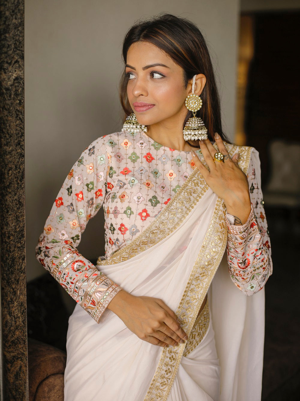 Cream Color Sequins & Thread Embroidery Border Work Georgette Saree