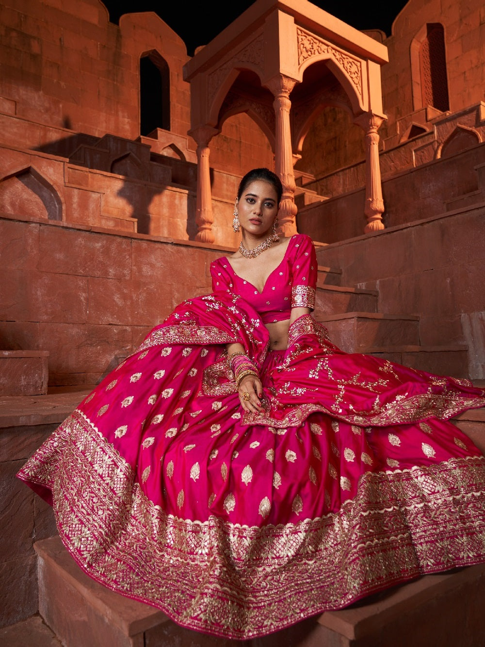 Rani Pink Color Sequins With Embroidery Work Rajwadi Sana Silk Lehenga Choli