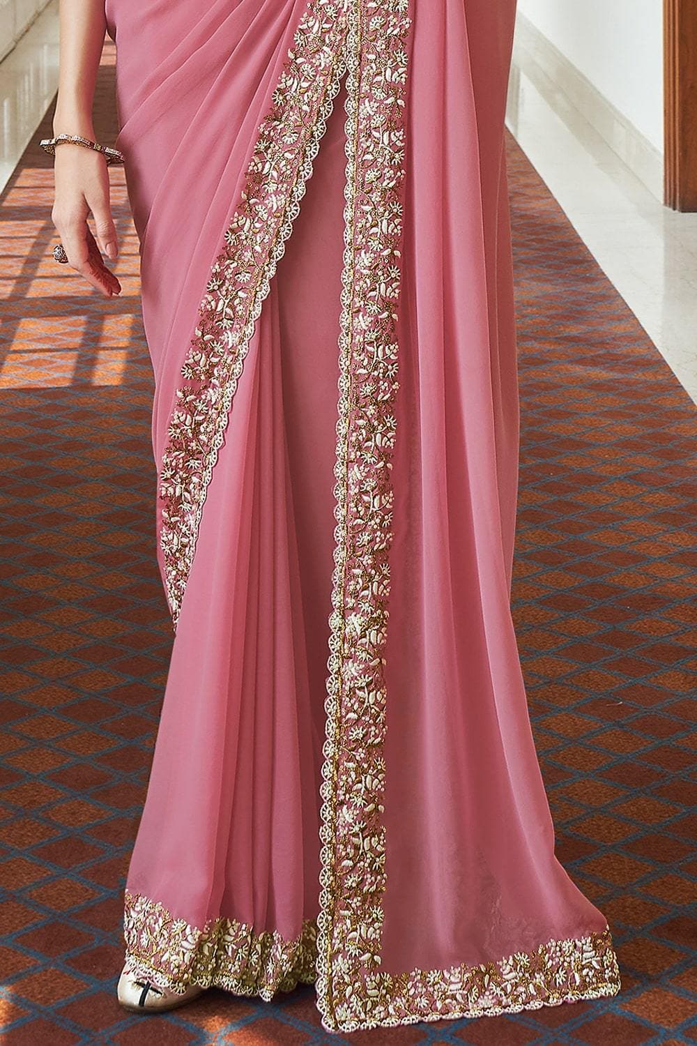 Pink Georgette Resham, Zari, Beads Work Designer Saree