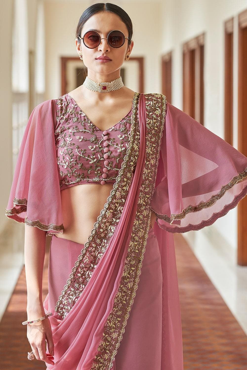 Pink Georgette Resham, Zari, Beads Work Designer Saree