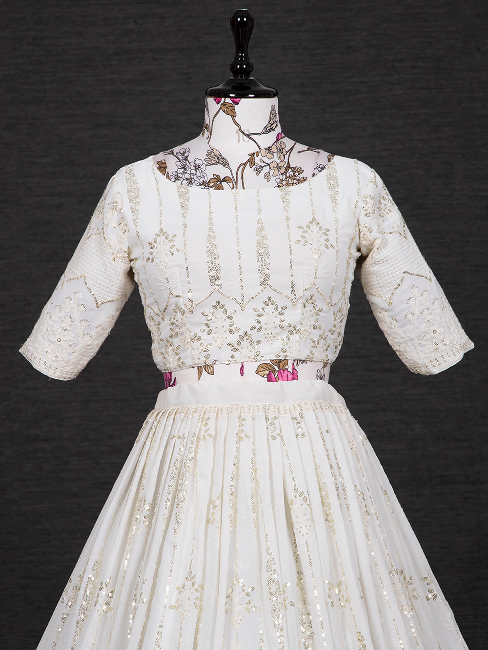 White Color Sequins And Thread Work Georgette Lehenga Choli