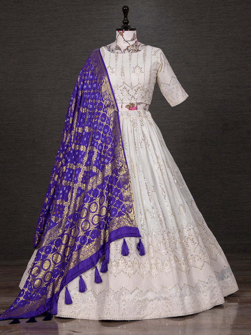White Color Sequins And Thread Work Georgette Lehenga Choli
