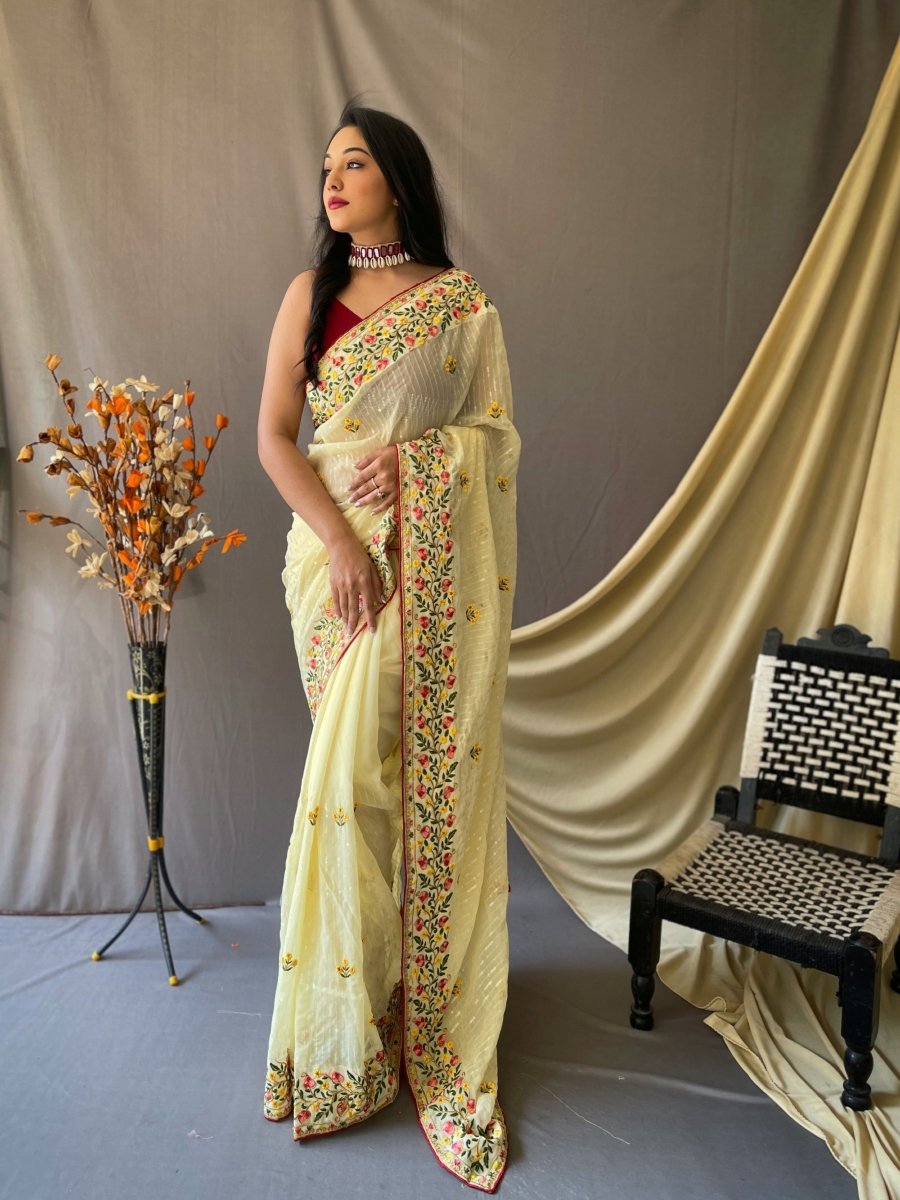 Pastel Yellow Saree in Georgette Sequins Embroidered