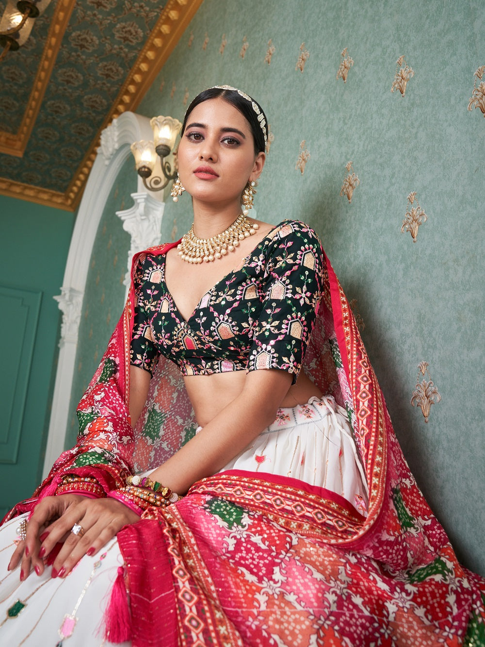 White Color Thread And Sequins Embroidery Work Georgette Lehenga Choli