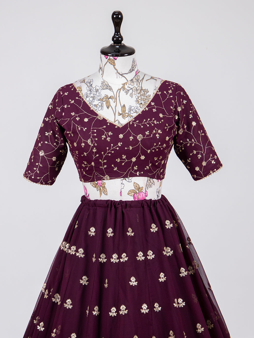 Wine Color Sequins & Embroidery Thread Work Georgette Lehenga Choli