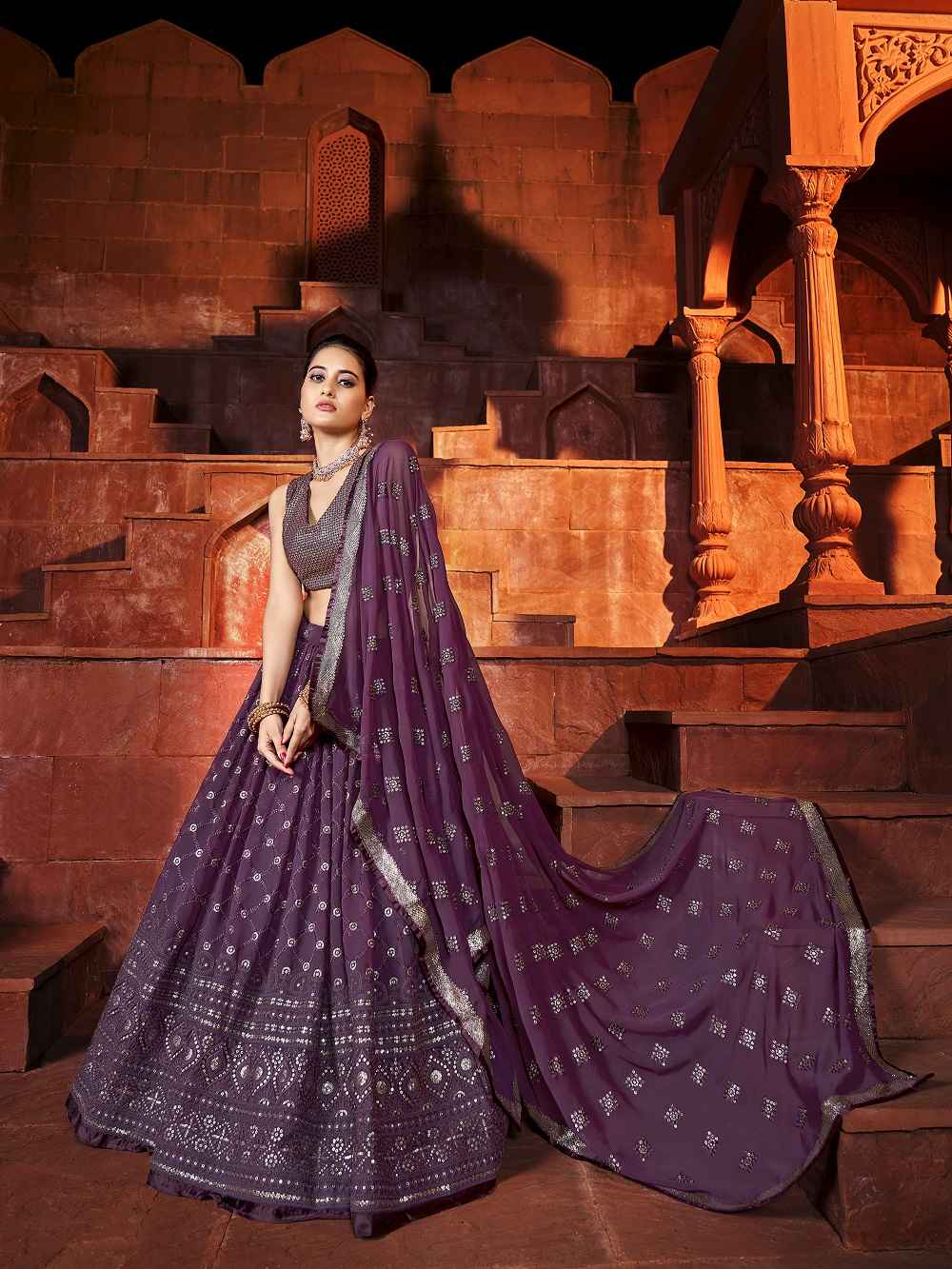 Wine Color Sequins With Embroidery Work Rajwadi Sana Silk Lehenga Choli