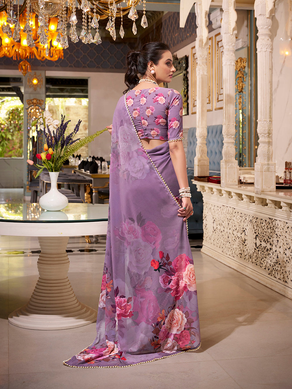 Grey georgette printed saree with pearl lace border