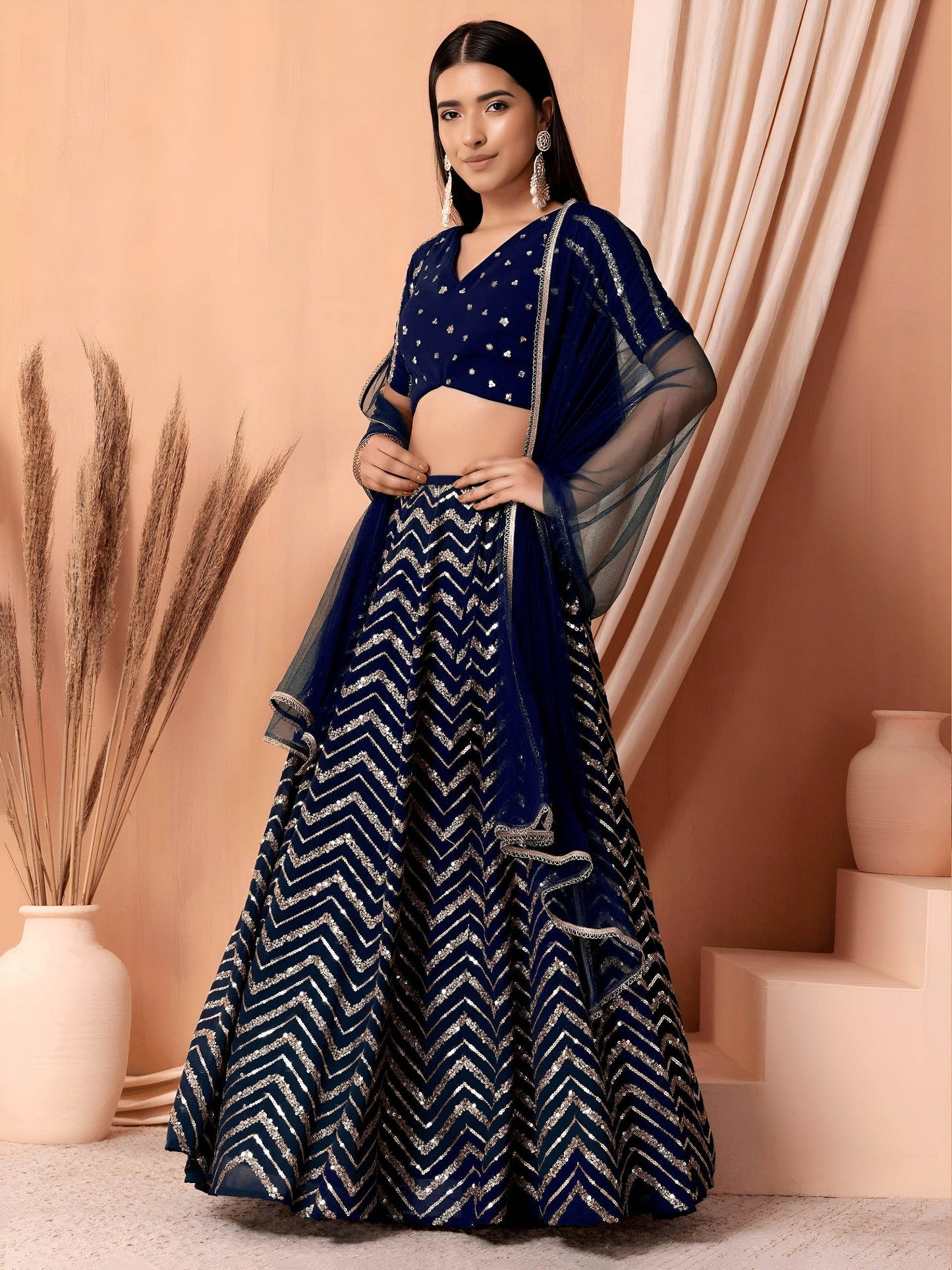 Georgette Zari Sequins Embroidered Lehenga Choli with Net Dupatta