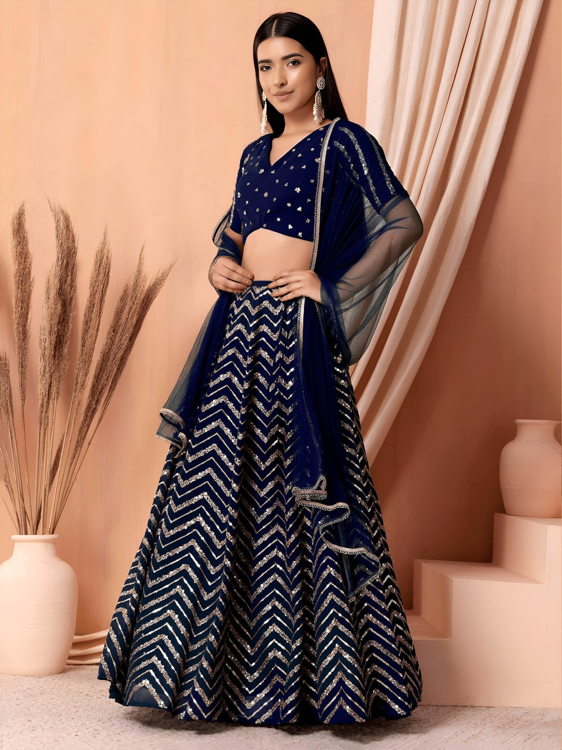 Georgette Zari Sequins Embroidered Lehenga Choli with Net Dupatta