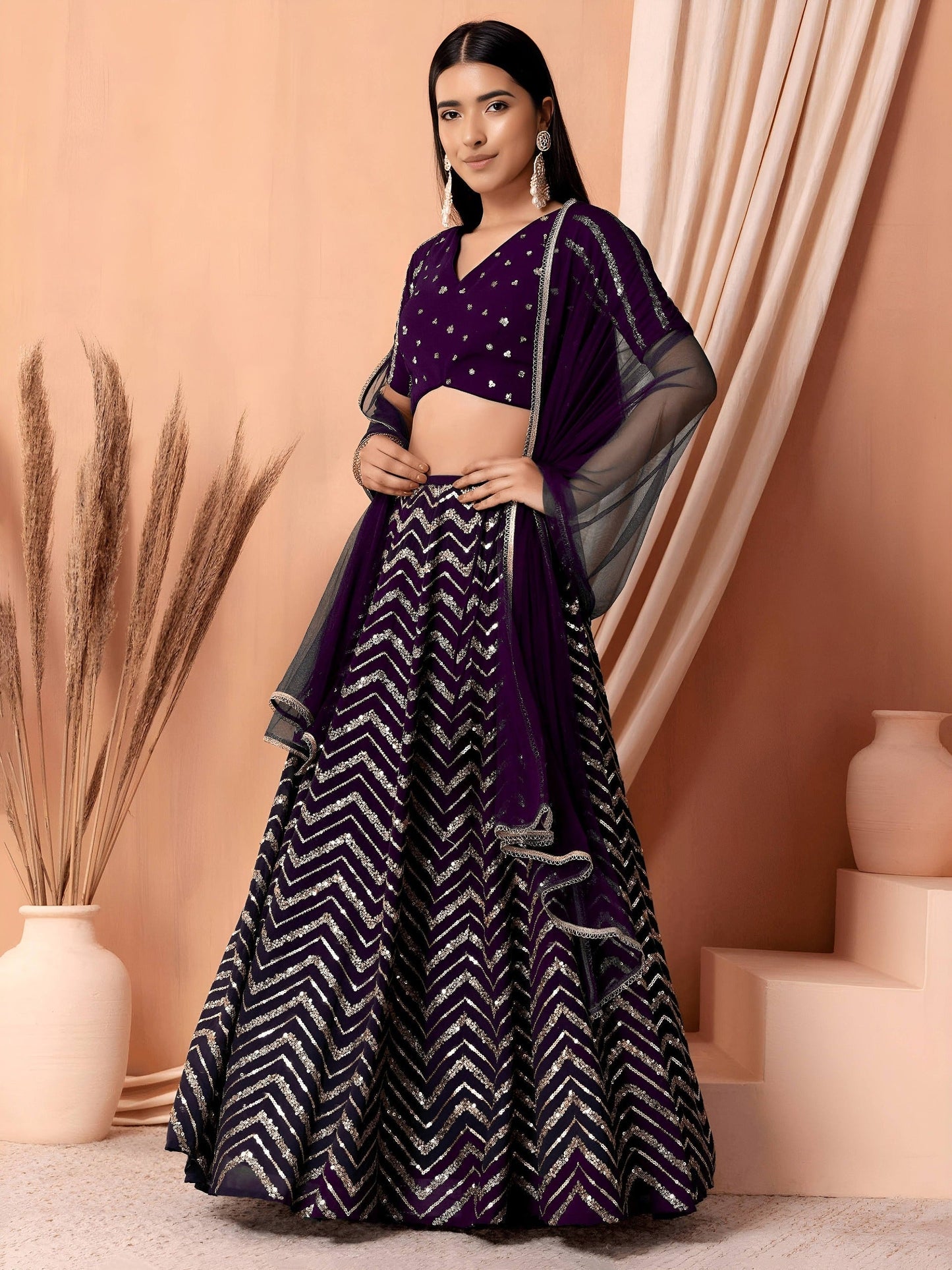 Georgette Zari Sequins Embroidered Lehenga Choli with Net Dupatta