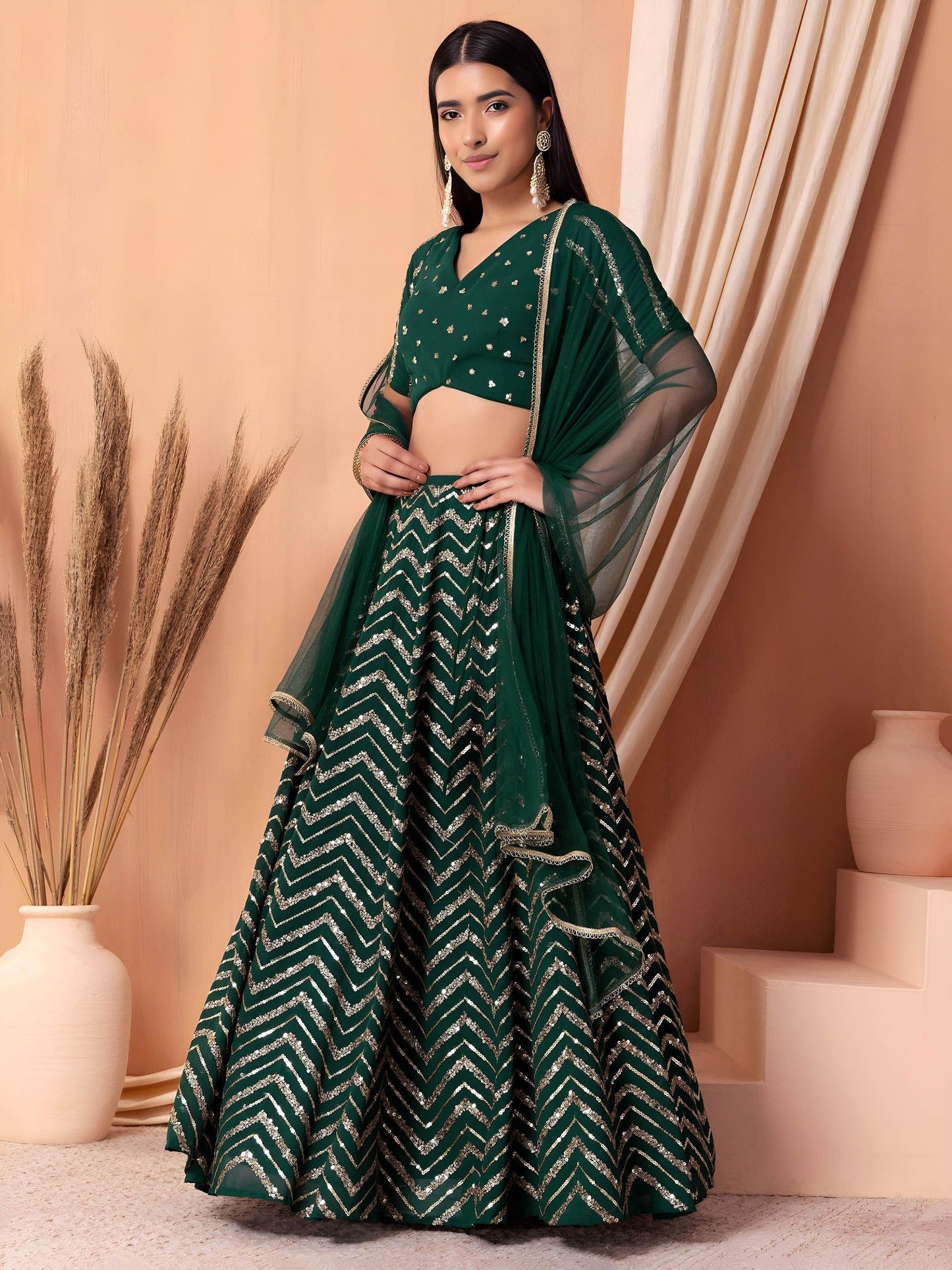 Georgette Zari Sequins Embroidered Lehenga Choli with Net Dupatta