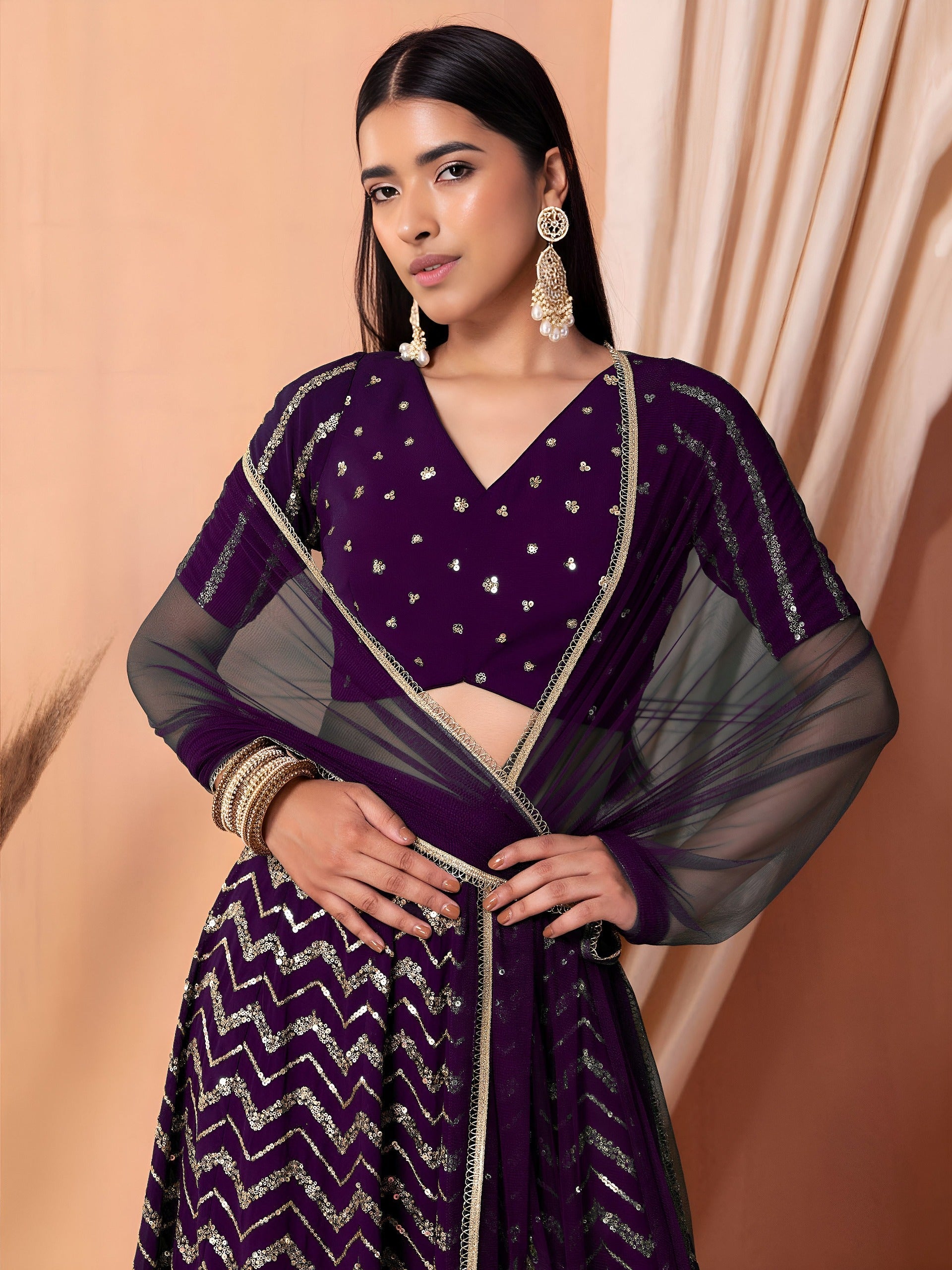 Georgette Zari Sequins Embroidered Lehenga Choli with Net Dupatta