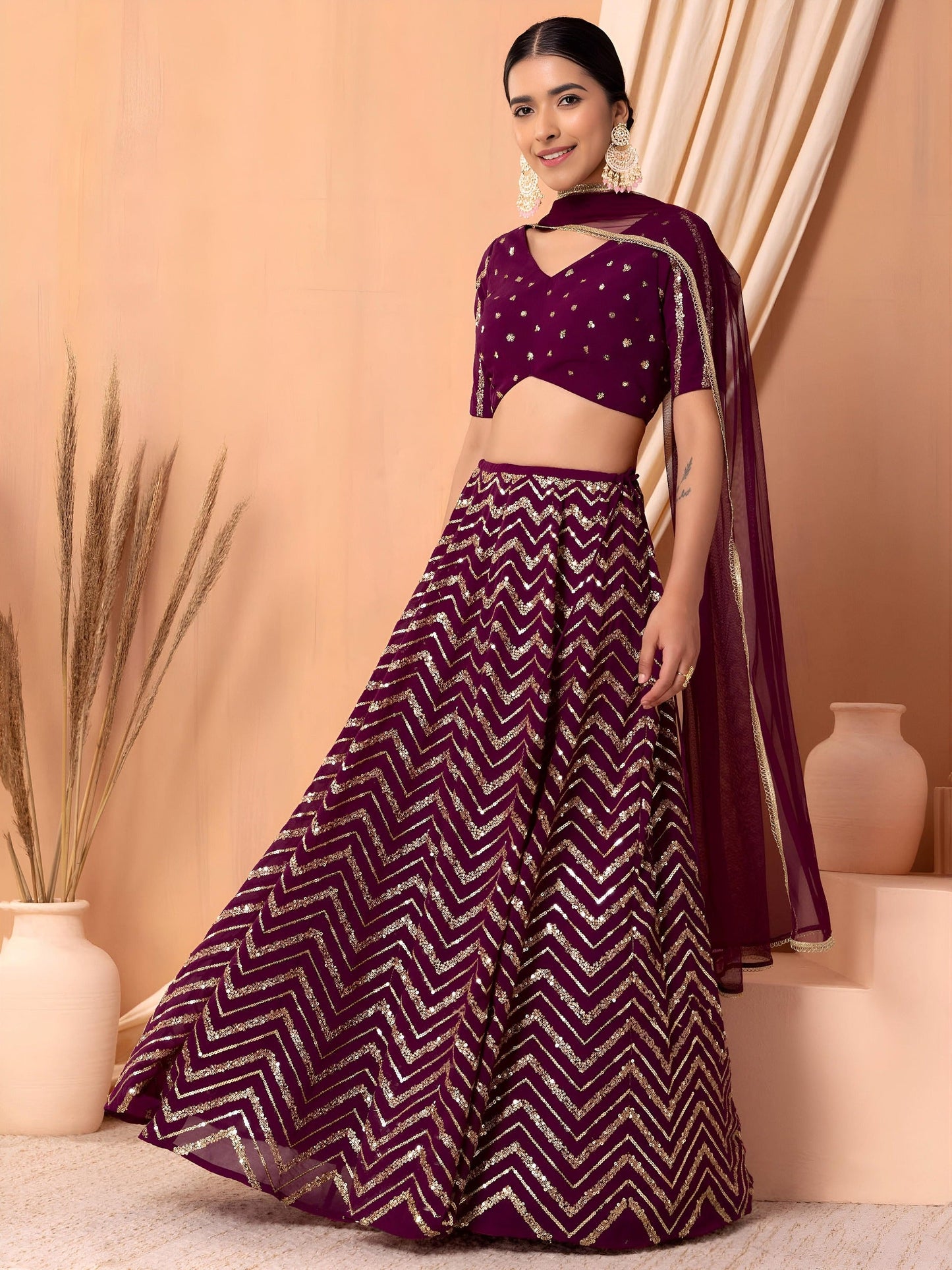 Georgette Zari Sequins Embroidered Lehenga Choli with Net Dupatta
