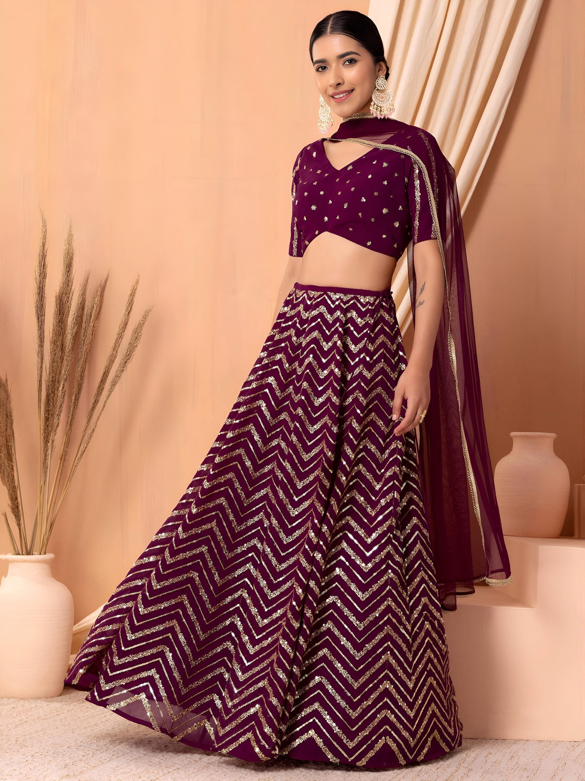 Georgette Zari Sequins Embroidered Lehenga Choli with Net Dupatta