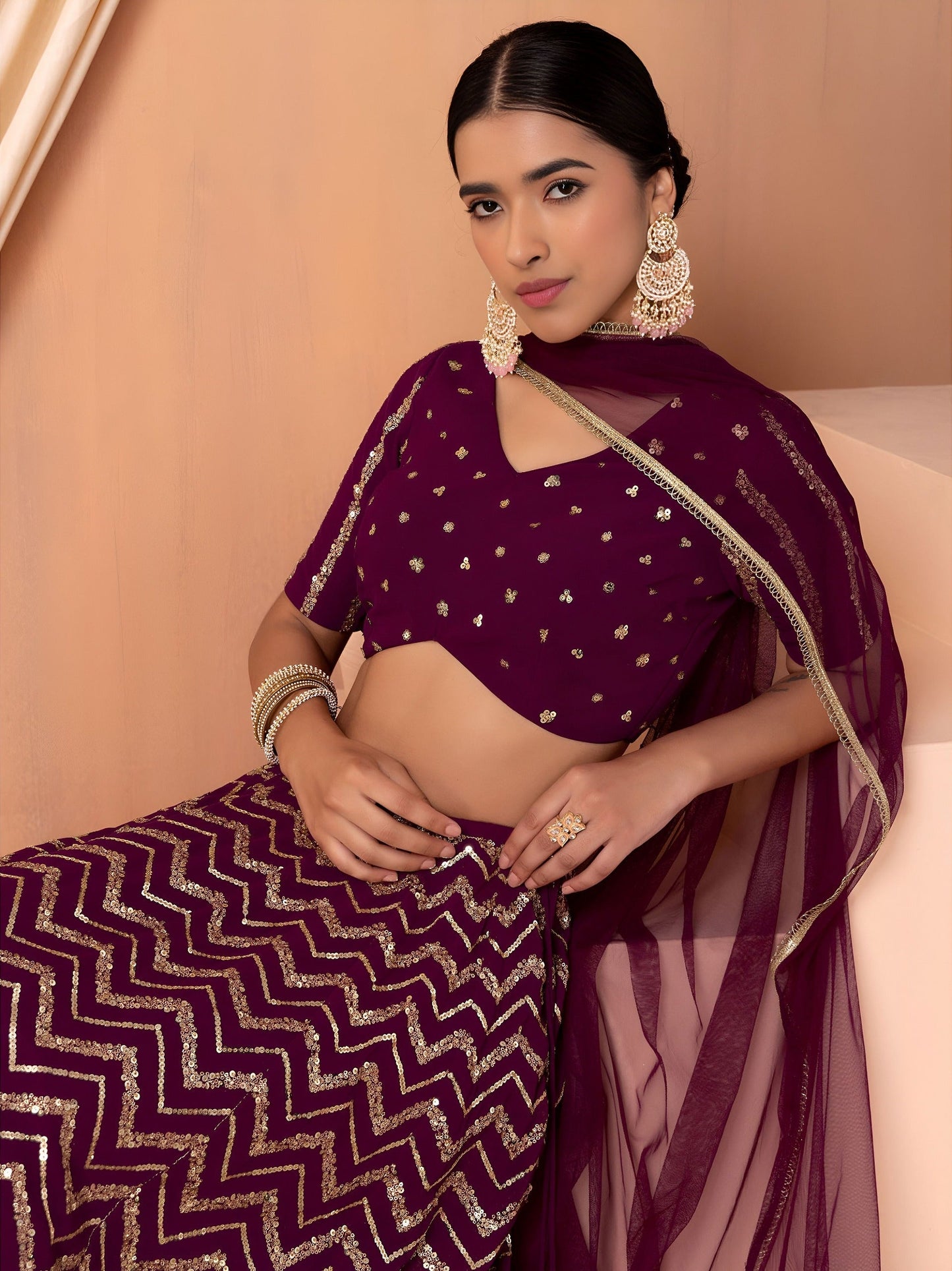 Georgette Zari Sequins Embroidered Lehenga Choli with Net Dupatta