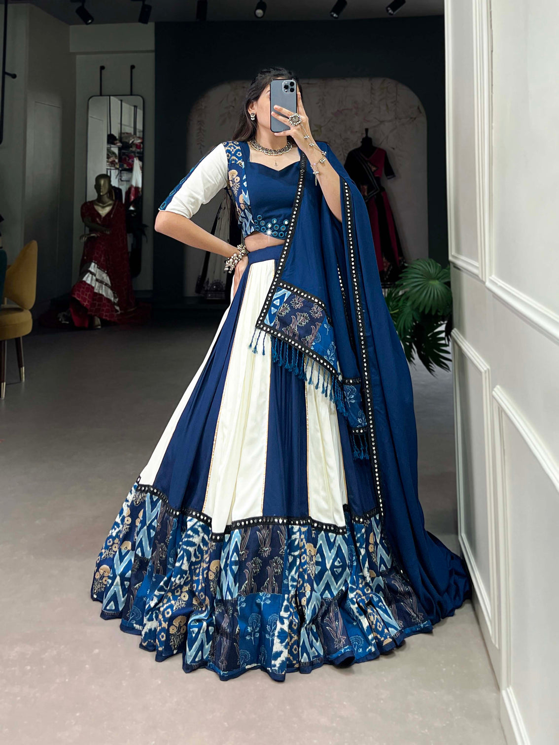 Royal blue rayon gamthi lehenga choli with printed paper mirror work