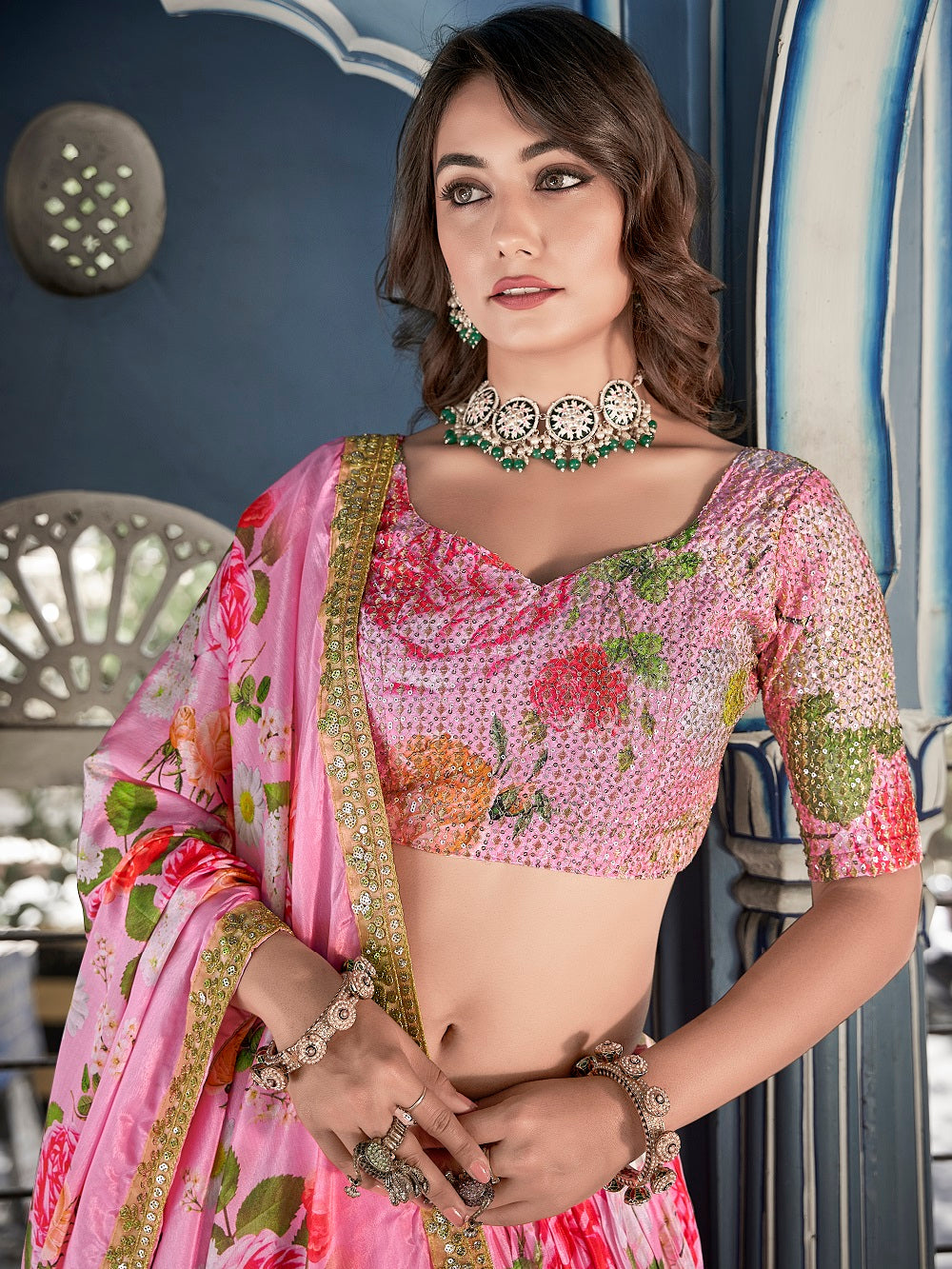 Pink Color Digital Print With Sequins Embroidery Work Crushed Chinon Lehenga Choli