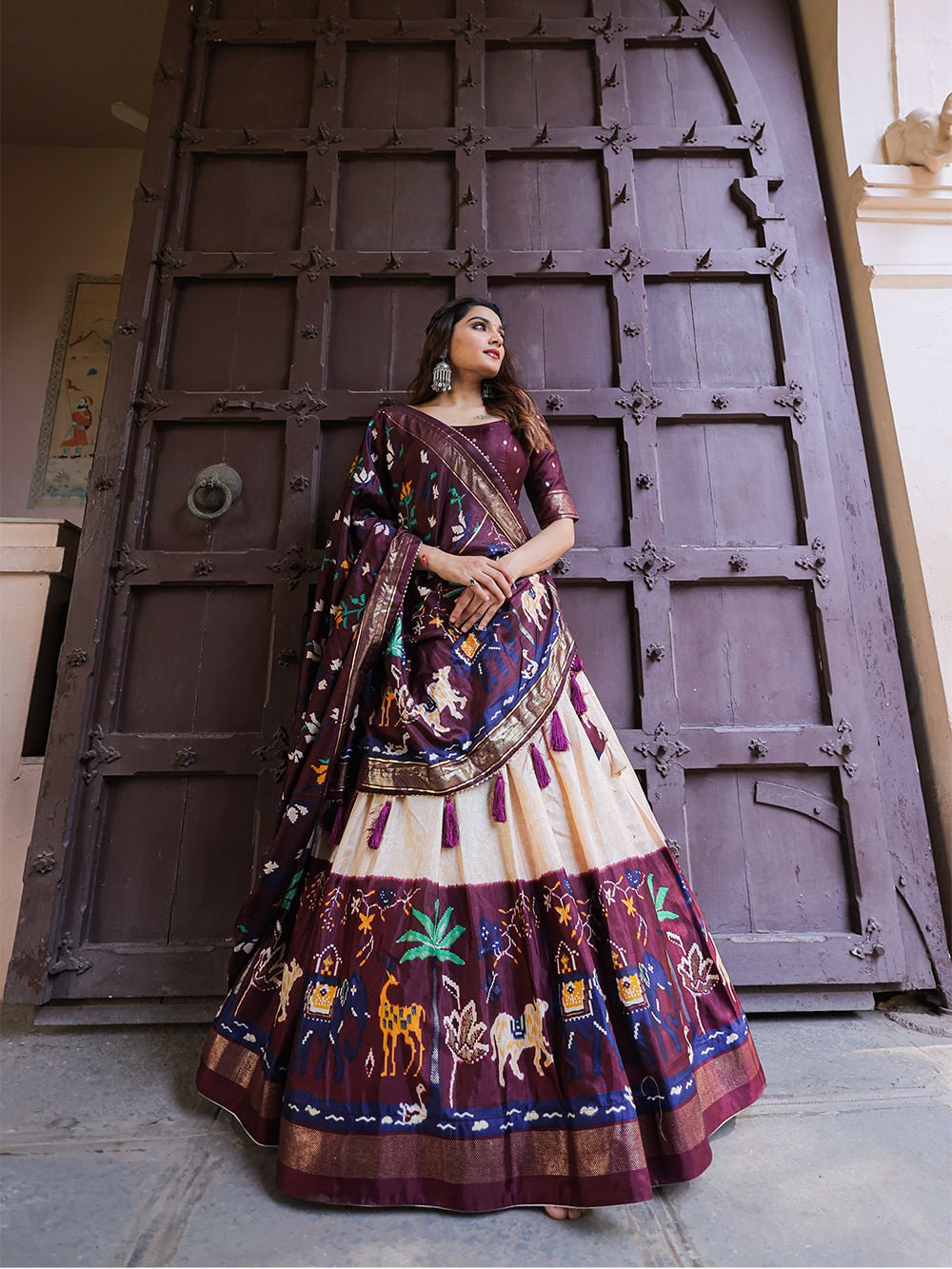 Wine Color Printed With Foil Work Dola Silk Lehenga Choli