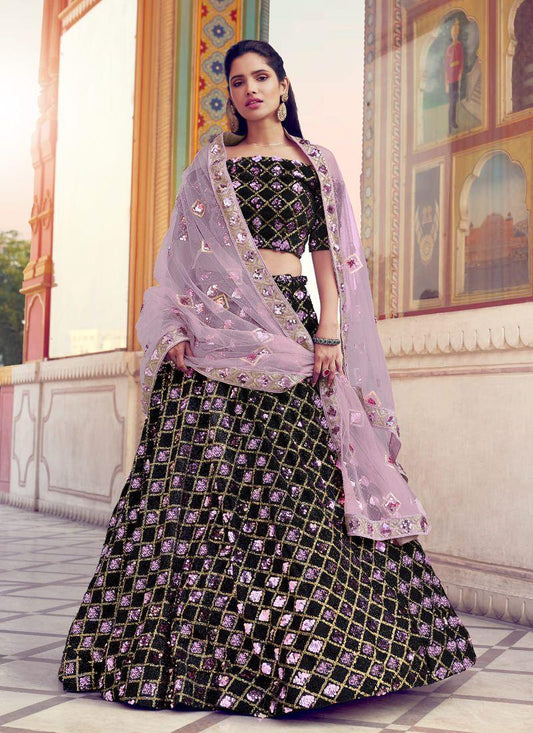 Glamorous Black Color Lehenga Choli With Lilac Purple Dupatta Set