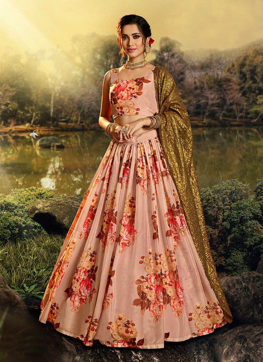 Glamorous Floral Peach Flared Lehenga Choli Set