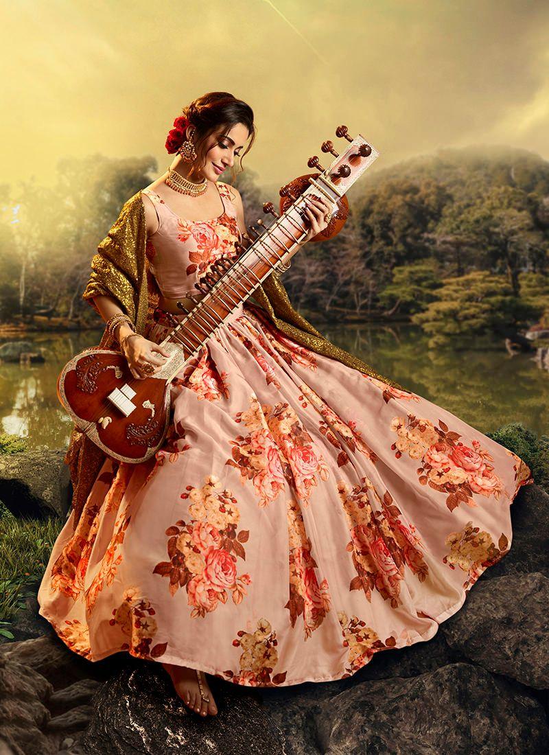 Glamorous Floral Peach Flared Lehenga Choli Set