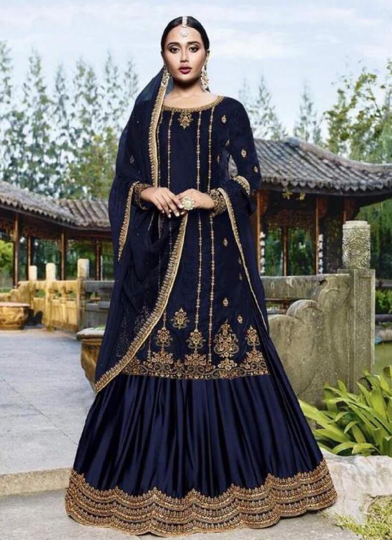 Glamorous Navy Blue Color Velvet Base Embroidered Lehenga Suit