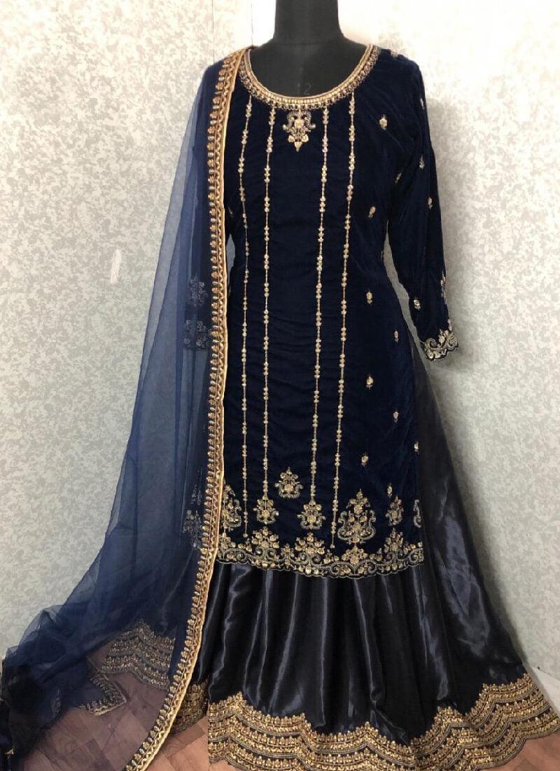 Glamorous Navy Blue Color Velvet Base Embroidered Lehenga Suit