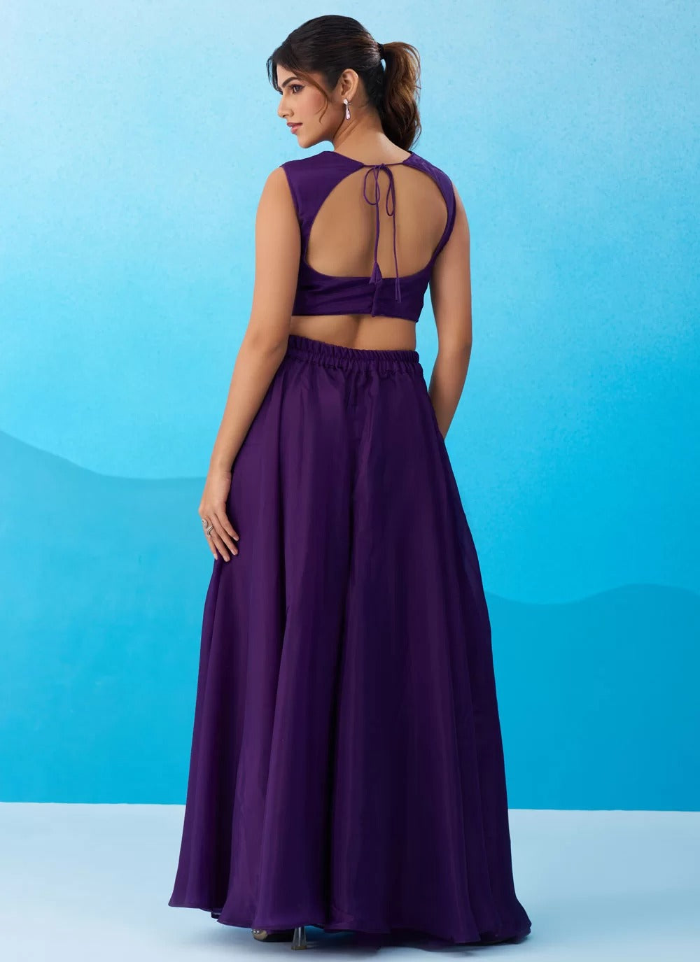 Purple crepe indo western set with embroidered flared cape palazzo