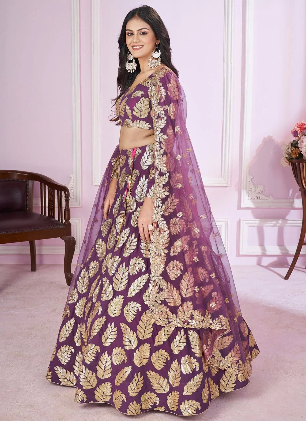 Designer purple georgette sangeet lehenga with sequins zari embroidery