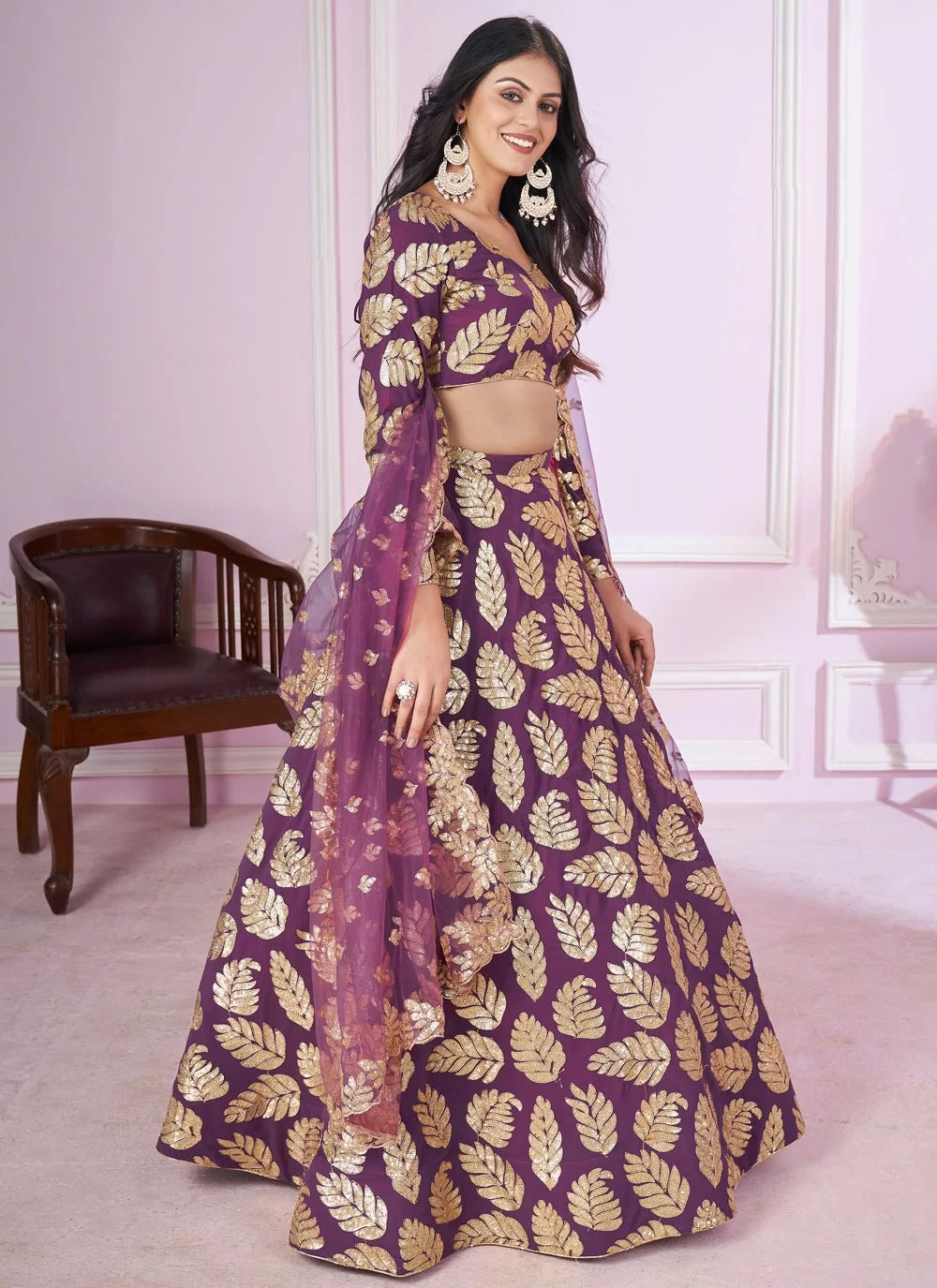 Designer purple georgette sangeet lehenga with sequins zari embroidery