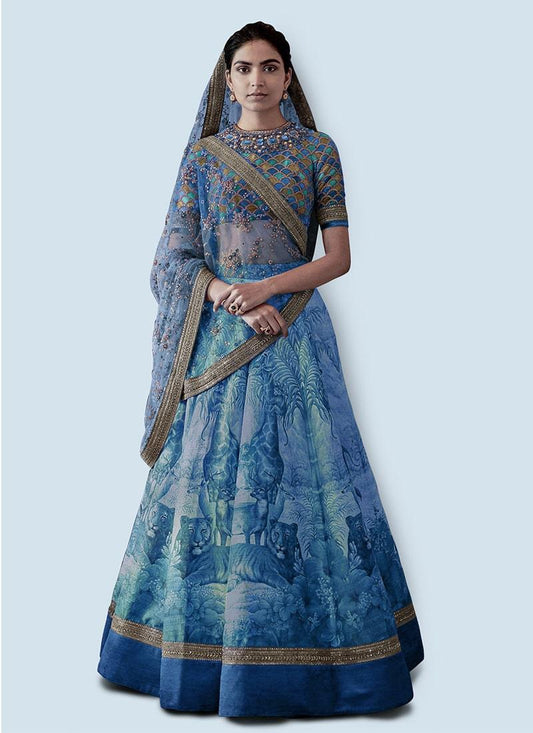 Glamours Blue Wedding Wear Digital-painted and embroidered Lehenga Choli